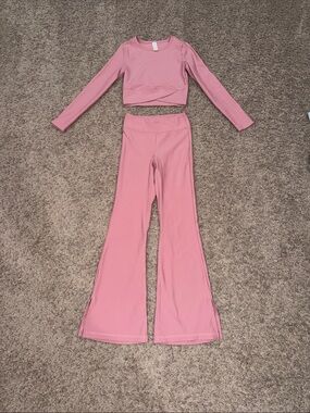 Yogalicious Pink Ribbed High-Waist Wide Leg Pants